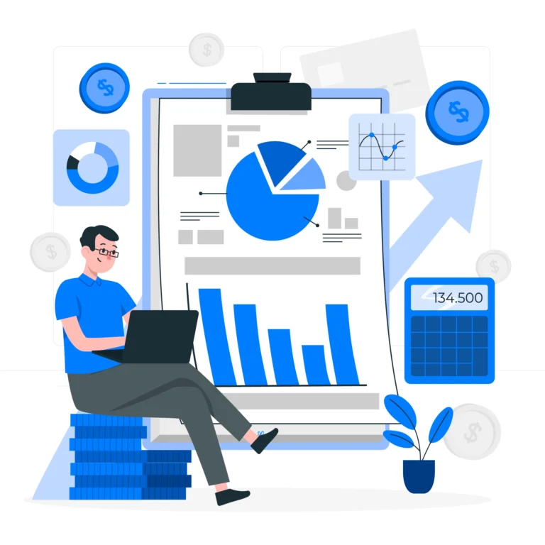 Vector illustration of bookkeeping services with calculator, ledger, and financial documents