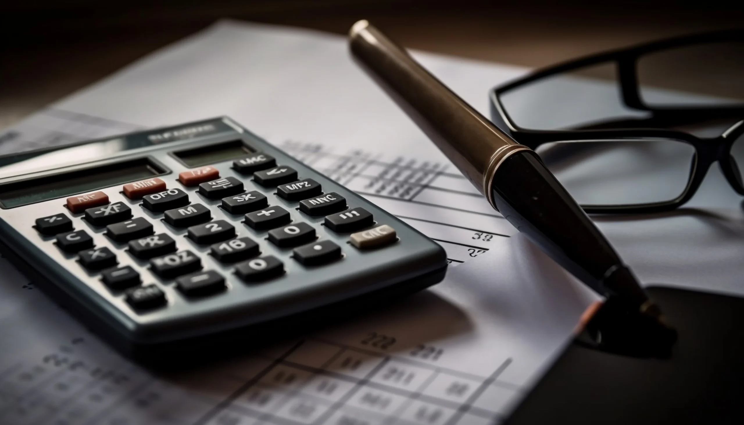 Desk setup with glasses, calculator, notebook, and pen representing tools used in professional bookkeeping services
