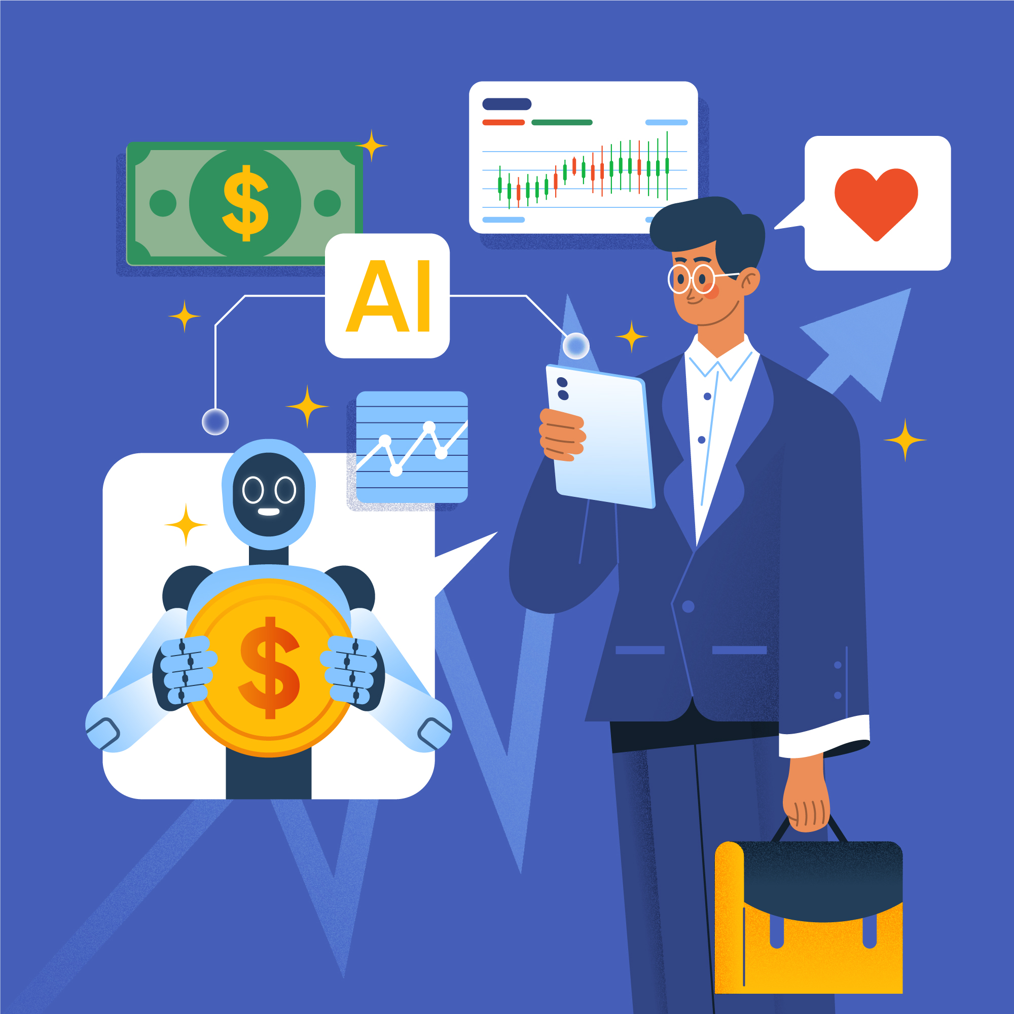Vector illustration of an AI robot helping a person with AI bookkeeping