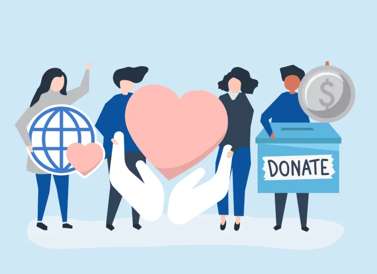 Vector illustration showing bookkeeping services for non-profit organizations, including donation tracking and financial management.