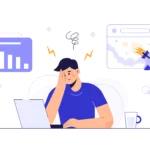 Cartoon of a small business owner overwhelmed by software choices like Freshbooks or Quickbooks