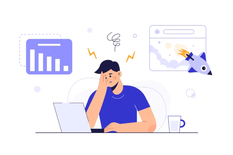 Cartoon of a small business owner overwhelmed by software choices like Freshbooks or Quickbooks