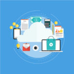 Illustration of cloud based bookkeeping with accounting and tax icons surrounding a digital cloud.