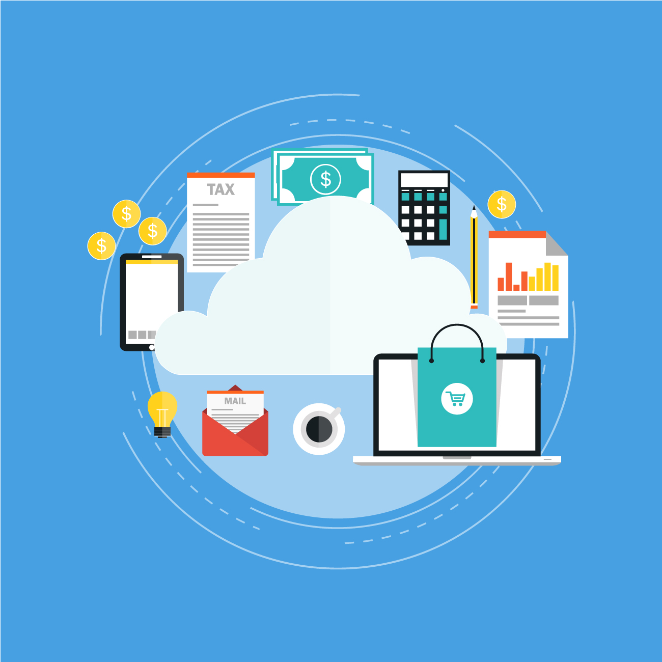 Illustration of cloud based bookkeeping with accounting and tax icons surrounding a digital cloud.