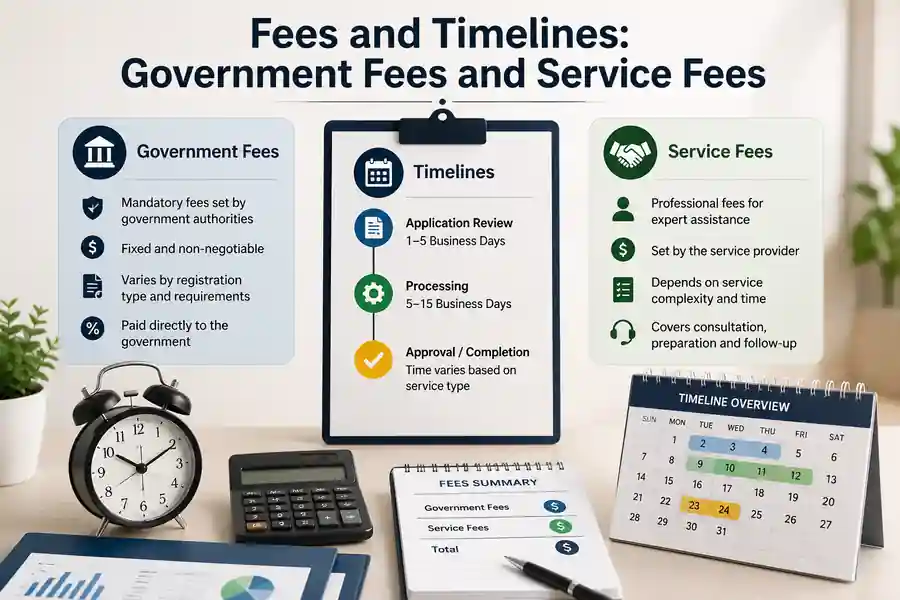 Government fees and service fees timeline infographic with calculator, calendar, clock, and fee summary.