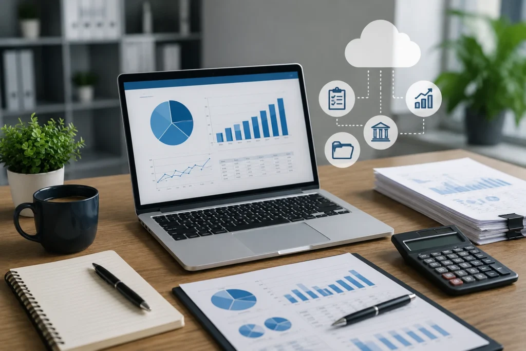 Modern online bookkeeping workspace with laptop financial charts, calculator, reports, and cloud accounting icons.
