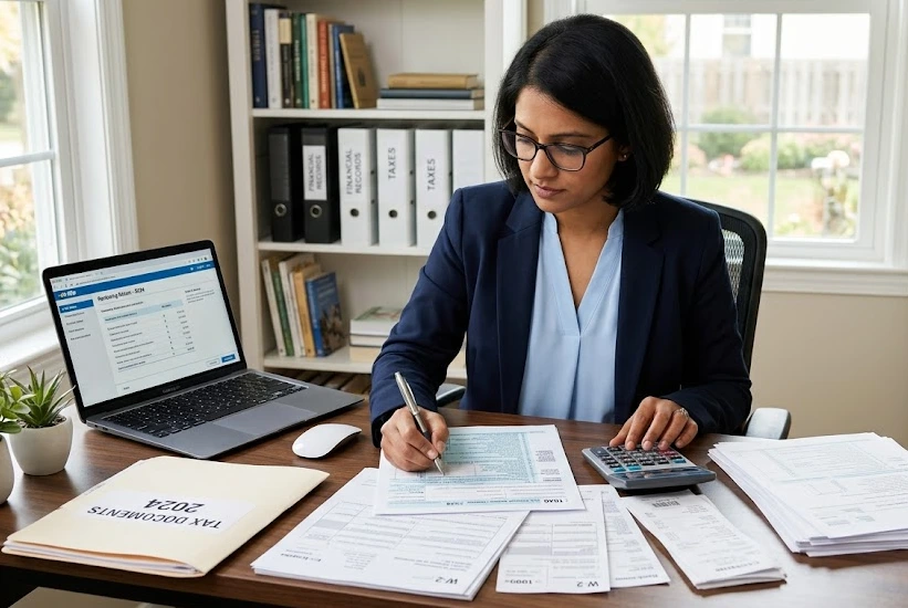 Accountant reviewing contractor tax returns and GST/HST records