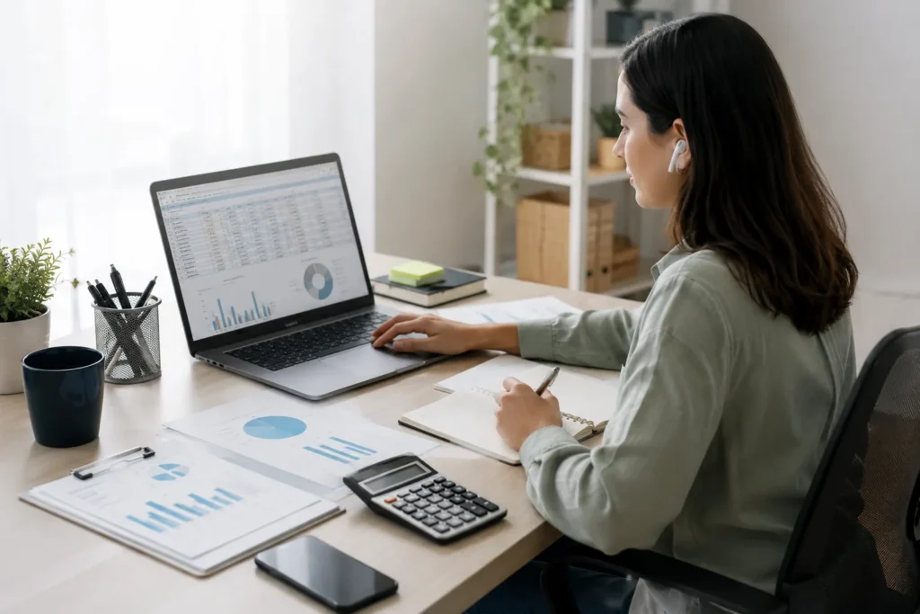 Remote bookkeeping professional working on financial spreadsheets with calculator, reports, and laptop in a home office.